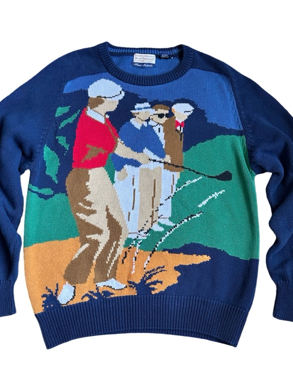 90’s Vintage Norm Thompson Men’s Novelty Golf Sweater Hand‎ Intarsia Large EUC